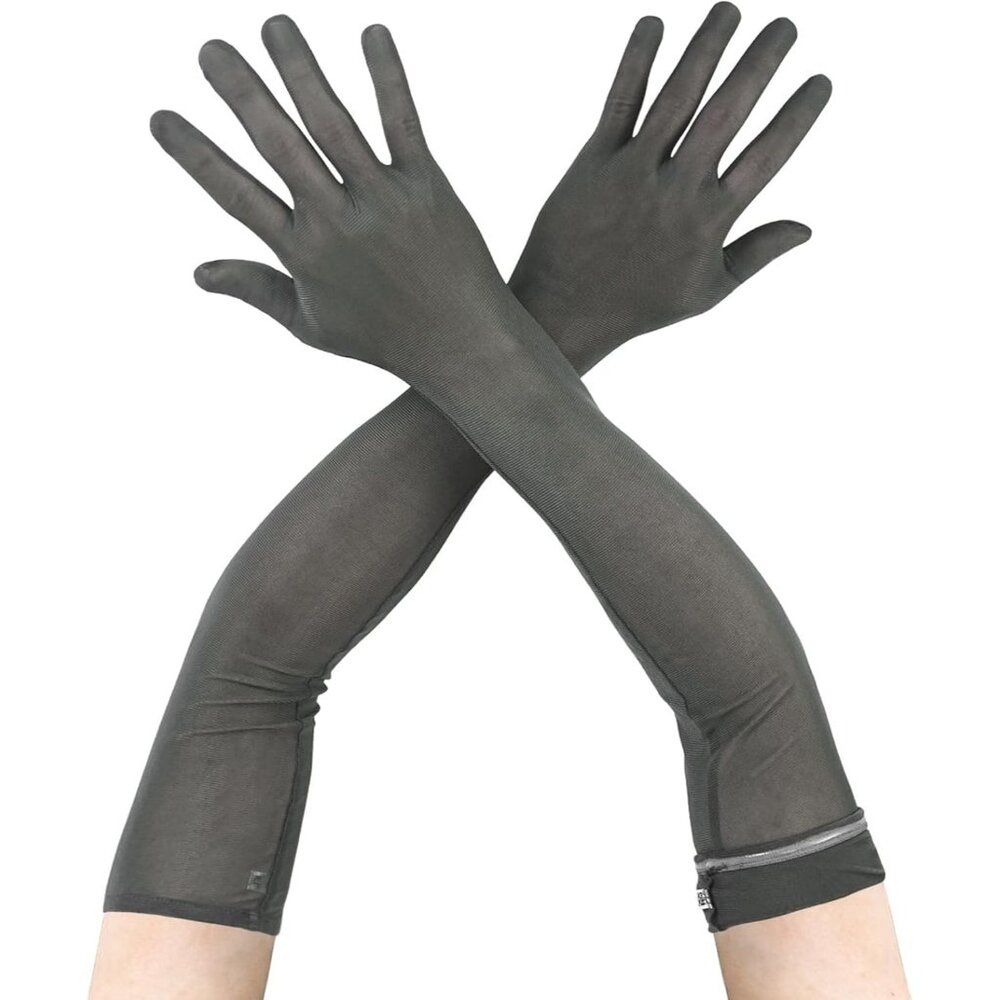 Women's Fashion Gray Mesh Long Satin Gloves Design Weddings Party Costume
